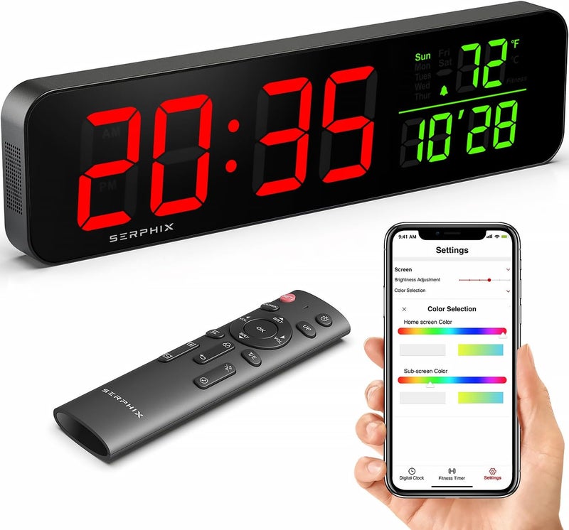 SERPHIX 15.2" Gym Timer, App & Remote Control, Customizable LED Colors, Temperature, Date, Workout Interval Timer Stopwatch Countdown Large Digital Wall Clock for Home Gym Garage - Image 1